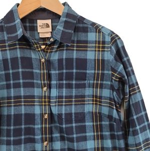 The North Face Flannel Plaid Button Down Long Sleeve Top Shirt Blue Boyfriend